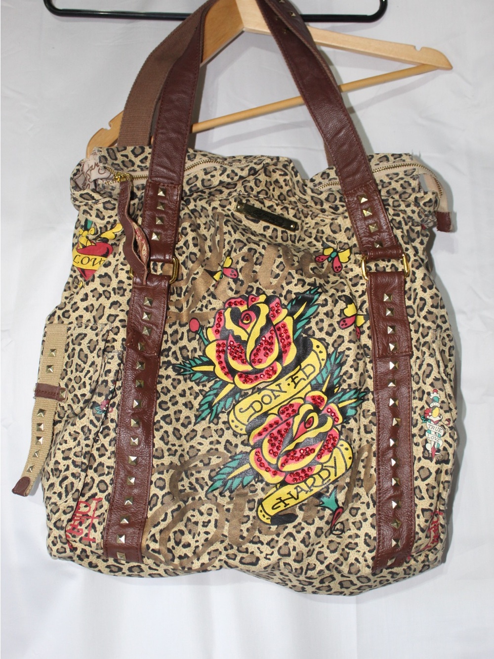 Vintage Ed Hardy Leopard Tote w/ Floral Rose Artwork beads &Brown Studded Straps
